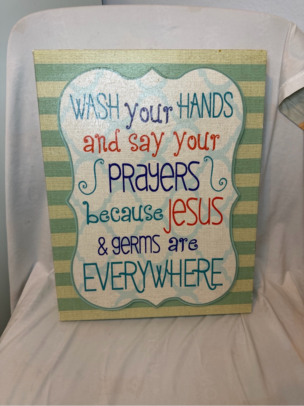 Green Striped Inspirational Wall Art - Wash Your Hands and Say Your Prayers